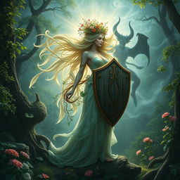 A majestic, ethereal representation of Mother Nature with flowing hair made of leaves and flowers, standing tall and strong while enveloped in a radiant light