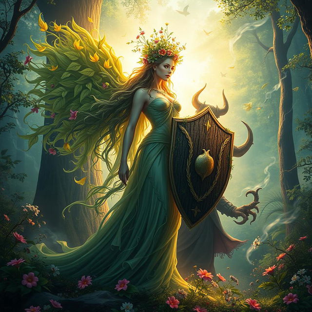 A majestic, ethereal representation of Mother Nature with flowing hair made of leaves and flowers, standing tall and strong while enveloped in a radiant light