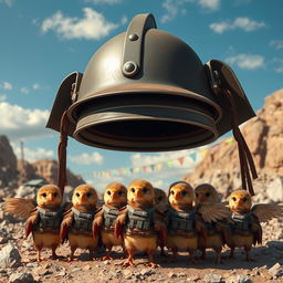 A captivating scene featuring a large, majestic helmet placed on the ground, underneath which a brave troop of eagle chicks dressed in tiny soldier uniforms is gathered