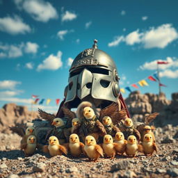 A captivating scene featuring a large, majestic helmet placed on the ground, underneath which a brave troop of eagle chicks dressed in tiny soldier uniforms is gathered