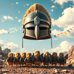 A captivating scene featuring a large, majestic helmet placed on the ground, underneath which a brave troop of eagle chicks dressed in tiny soldier uniforms is gathered