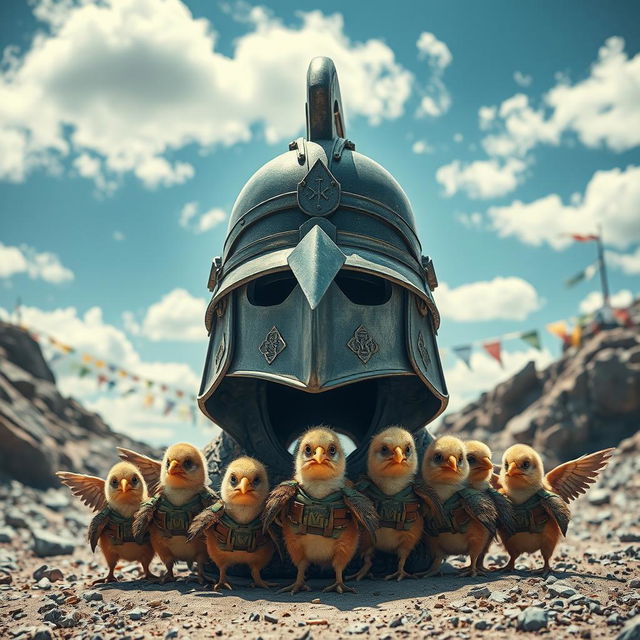 A captivating scene featuring a large, majestic helmet placed on the ground, underneath which a brave troop of eagle chicks dressed in tiny soldier uniforms is gathered