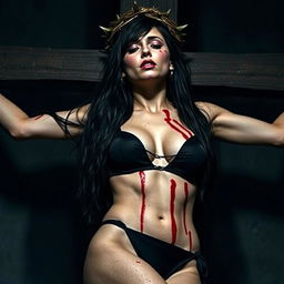 A dramatic and intense scene depicting a woman with long, dark hair, wearing a black bikini