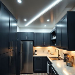 A cozy small kitchen featuring dark grey furniture, equipped with modern appliances
