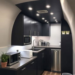 A cozy small kitchen featuring dark grey furniture, equipped with modern appliances