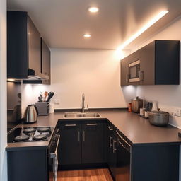 A cozy small kitchen featuring dark grey furniture, equipped with modern appliances