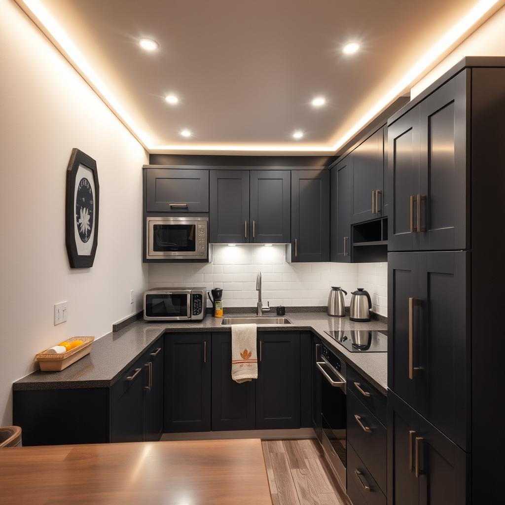 A cozy small kitchen featuring dark grey furniture, equipped with modern appliances