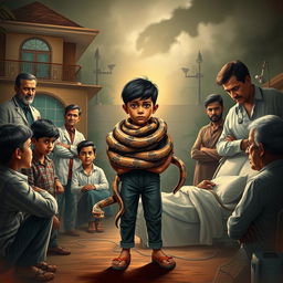 A dramatic scene featuring a young boy with multiple snakes coiled around his neck, standing confidently at the center, surrounded by 5-6 astonished onlookers expressing shock and intrigue
