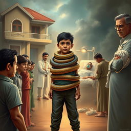 A dramatic scene featuring a young boy with multiple snakes coiled around his neck, standing confidently at the center, surrounded by 5-6 astonished onlookers expressing shock and intrigue