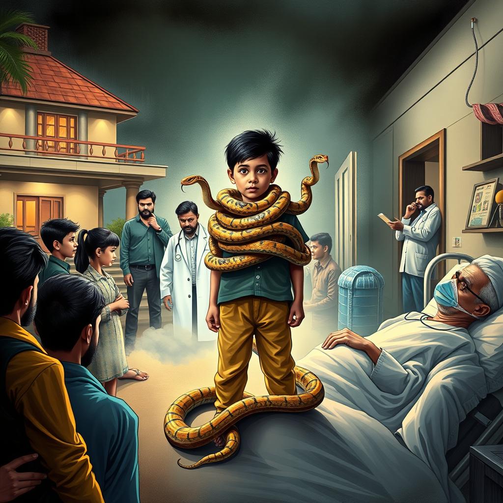 A dramatic scene featuring a young boy with multiple snakes coiled around his neck, standing confidently at the center, surrounded by 5-6 astonished onlookers expressing shock and intrigue