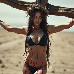 A dramatic and intense scene of a female figure resembling a famous influencer, depicted in a stylized manner