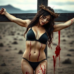 A dramatic and intense scene of a female figure resembling a famous influencer, depicted in a stylized manner
