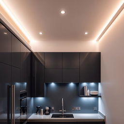 A small and elegant kitchen featuring sleek, modern design elements