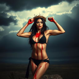 Georgina Rodriguez depicted as a strong and striking figure in a dramatic artistic setting, wearing a black bikini and a crown of thorns on her head