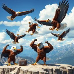 A dynamic scene depicting powerful eagles engaged in fitness training
