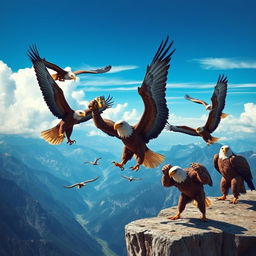 A dynamic scene depicting powerful eagles engaged in fitness training