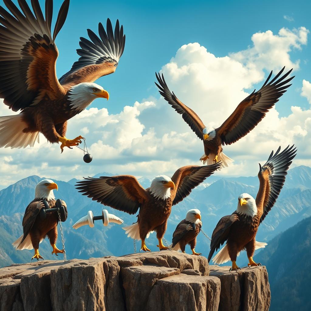 A dynamic scene depicting powerful eagles engaged in fitness training