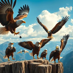 A dynamic scene depicting powerful eagles engaged in fitness training