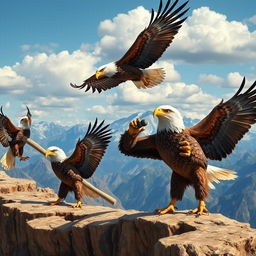 A dynamic scene depicting powerful eagles engaged in fitness training