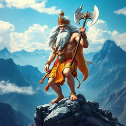 A majestic depiction of Lord Parshuram, with flowing white hair and a long white beard, symbolizing wisdom and strength