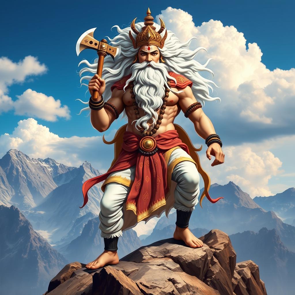 A majestic depiction of Lord Parshuram, with flowing white hair and a long white beard, symbolizing wisdom and strength