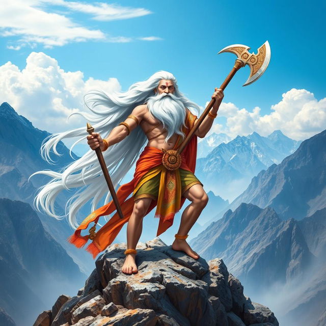 A majestic depiction of Lord Parshuram, with flowing white hair and a long white beard, symbolizing wisdom and strength