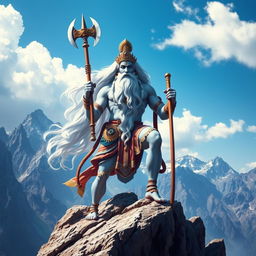 A majestic depiction of Lord Parshuram, with flowing white hair and a long white beard, symbolizing wisdom and strength