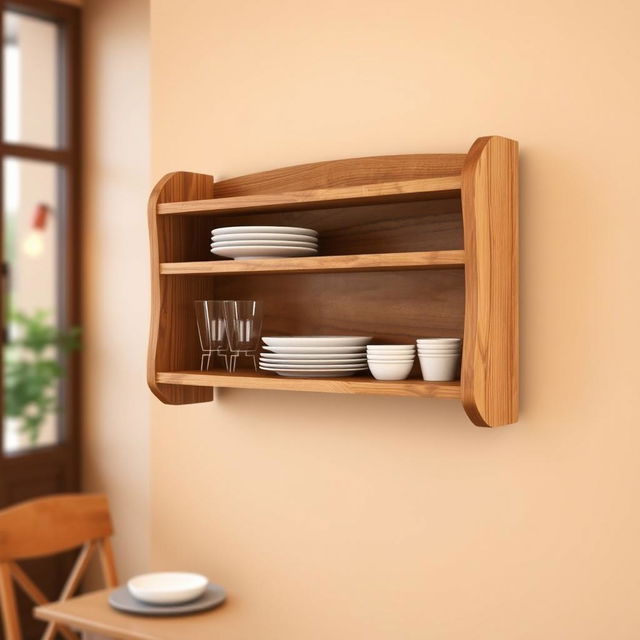 A beautifully crafted small wooden dinner shelf meticulously designed to be wall-mounted