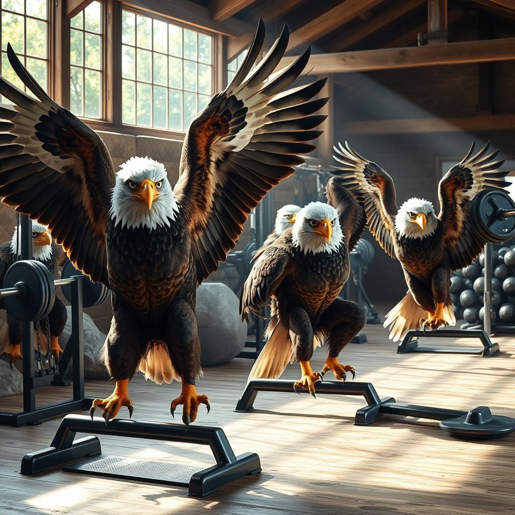 A dynamic scene depicting powerful eagles engaged in bodybuilding exercises