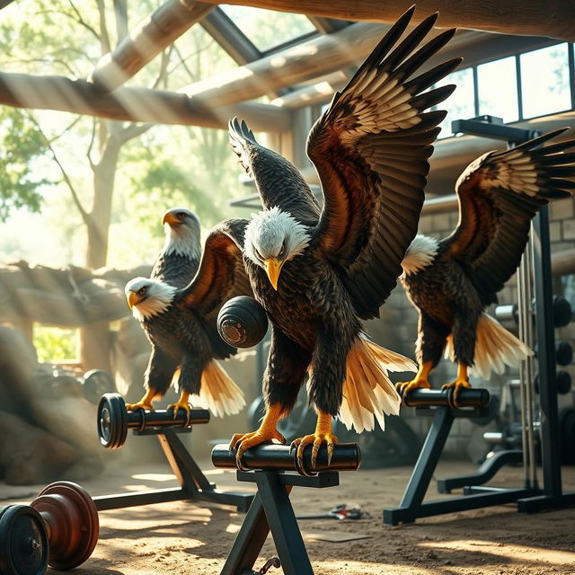 A dynamic scene depicting powerful eagles engaged in bodybuilding exercises