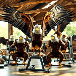 A dynamic scene depicting powerful eagles engaged in bodybuilding exercises