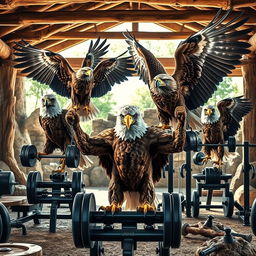 A dynamic scene depicting powerful eagles engaged in bodybuilding exercises