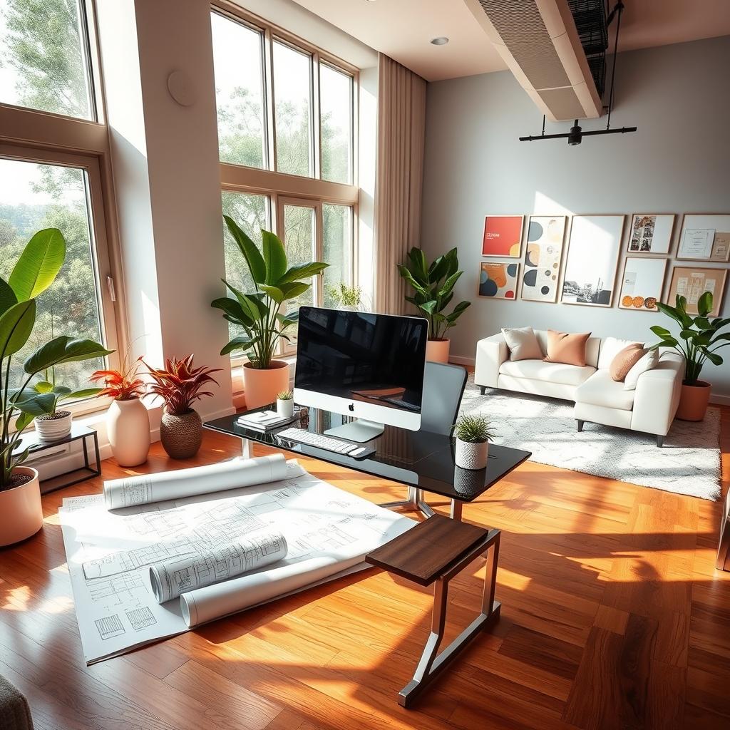 An elegant interior design office featuring a modern desk with a stylish computer, rolled architectural blueprints spread out, vibrant plants decorating the space, and large windows allowing natural light to flood in