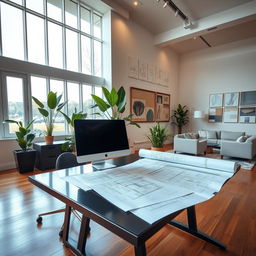 An elegant interior design office featuring a modern desk with a stylish computer, rolled architectural blueprints spread out, vibrant plants decorating the space, and large windows allowing natural light to flood in