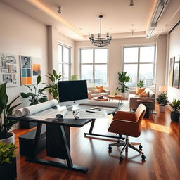 An elegant interior design office featuring a modern desk with a stylish computer, rolled architectural blueprints spread out, vibrant plants decorating the space, and large windows allowing natural light to flood in