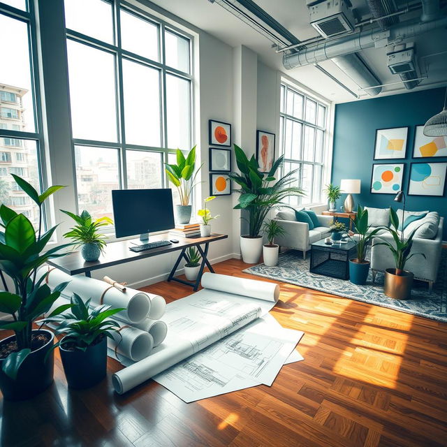 An elegant interior design office featuring a modern desk with a stylish computer, rolled architectural blueprints spread out, vibrant plants decorating the space, and large windows allowing natural light to flood in