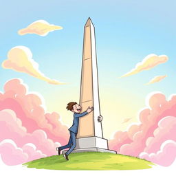 A whimsical illustration depicting the iconic obelisk of Buenos Aires and the obelisk of Barquisimeto together, joyfully embracing each other and laughing