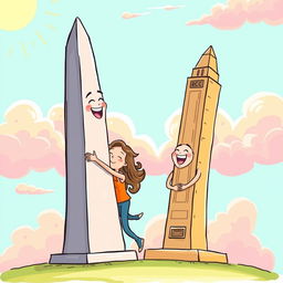 A whimsical illustration depicting the iconic obelisk of Buenos Aires and the obelisk of Barquisimeto together, joyfully embracing each other and laughing