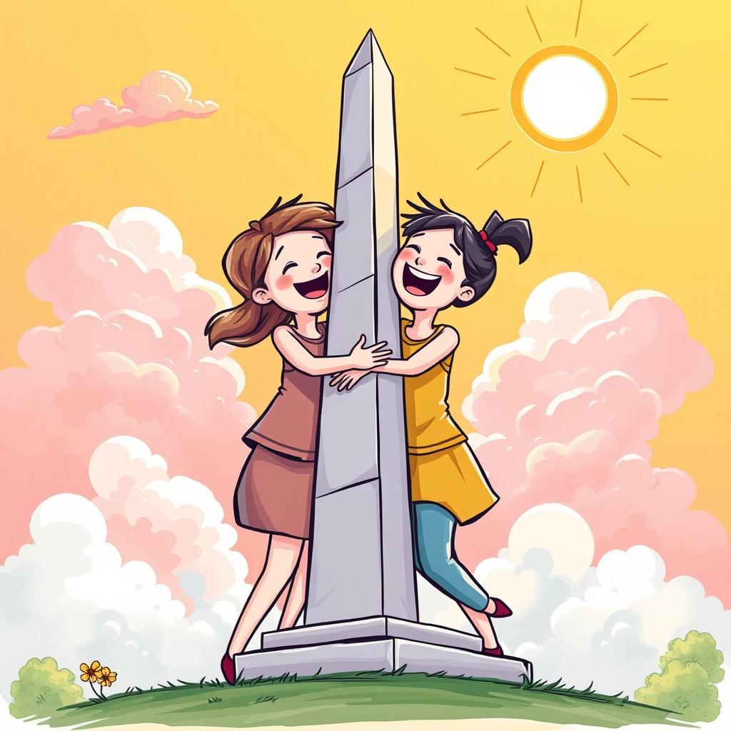 A whimsical illustration depicting the iconic obelisk of Buenos Aires and the obelisk of Barquisimeto together, joyfully embracing each other and laughing