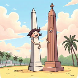 A whimsical illustration depicting the iconic obelisk of Buenos Aires and the obelisk of Barquisimeto together, joyfully embracing each other and laughing
