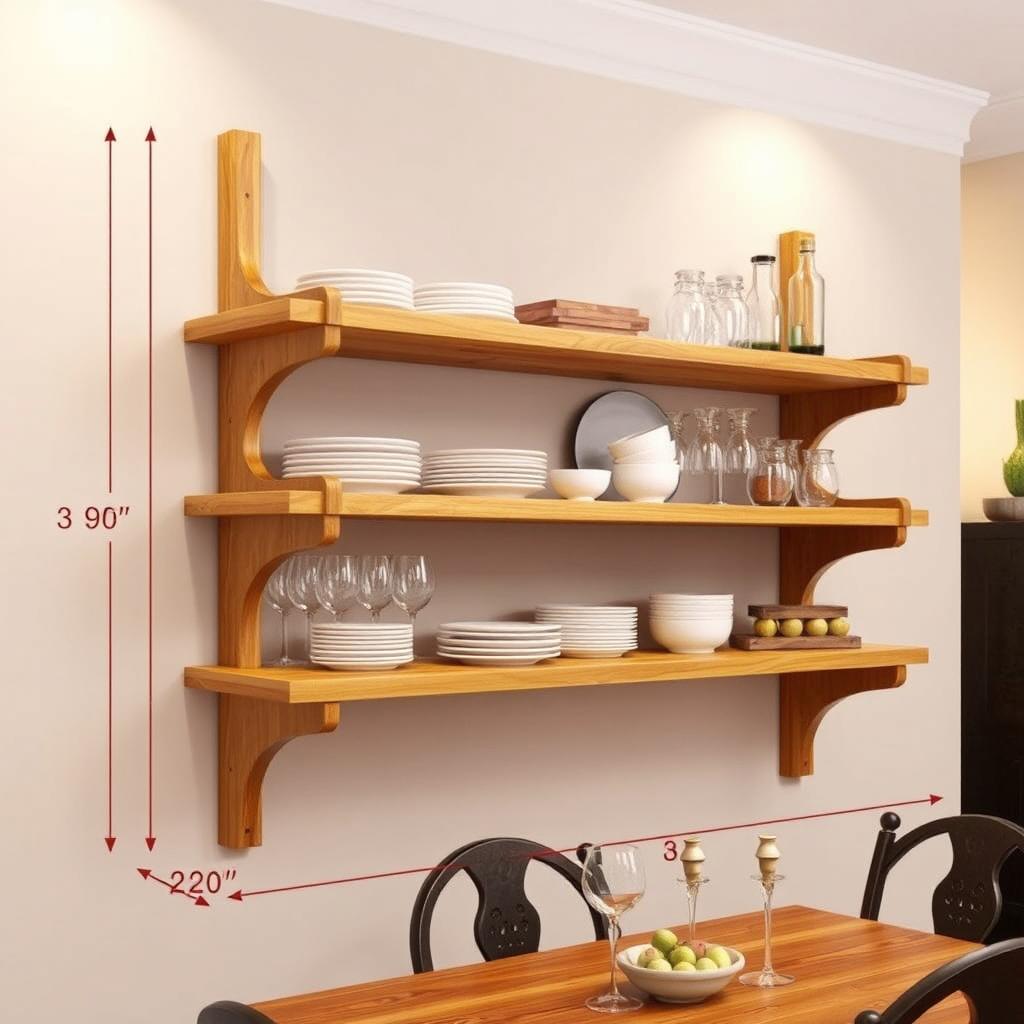 A beautifully designed wooden dinner shelf attached to the wall, featuring a rustic aesthetic