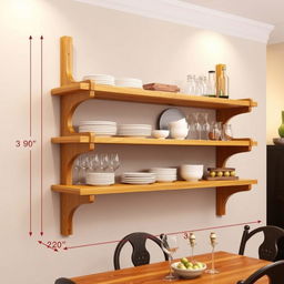 A beautifully designed wooden dinner shelf attached to the wall, featuring a rustic aesthetic