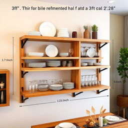 A beautifully designed wooden dinner shelf attached to the wall, featuring a rustic aesthetic