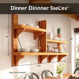 A beautifully designed wooden dinner shelf attached to the wall, featuring a rustic aesthetic