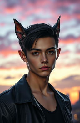 A stunning young man with features reminiscent of a half-bat creature, blending human and bat characteristics seamlessly