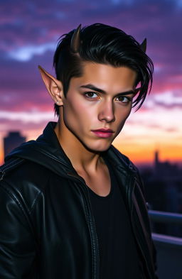 A stunning young man with features reminiscent of a half-bat creature, blending human and bat characteristics seamlessly