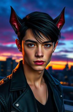 A stunning young man with features reminiscent of a half-bat creature, blending human and bat characteristics seamlessly