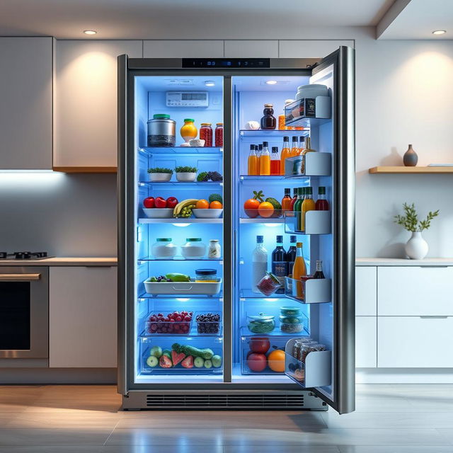 A visually striking refrigerator design, showcasing a sleek and modern exterior with an ultra-chic stainless steel finish