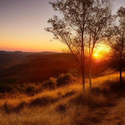 A serene and peaceful landscape bathed in the warm glow of a setting sun