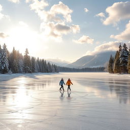 A serene winter landscape showcasing a frozen lake covered in a thick layer of ice, surrounded by snow-dusted pine trees
